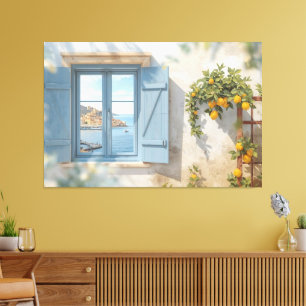 Mediterranean window view frame Coast Lemon Balcon Canvas Print