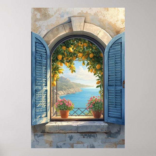 Mediterranean window view frame Coast Lemon Balcon Poster (Front)