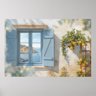 Mediterranean window view frame Coast Lemon Balcon Poster