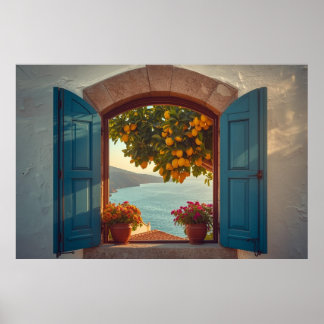 Mediterranean window view frame Coast Lemon Balcon Poster