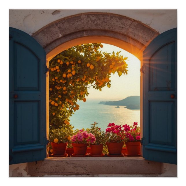 Mediterranean window view frame  Coastal lemon tre Poster (Front)