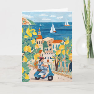 Mediterranean Woman Scooter Illustration Travel Card