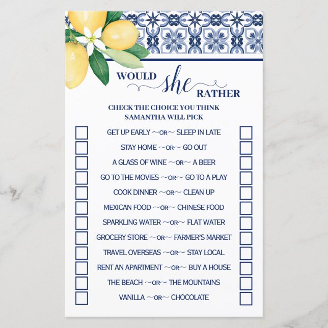Mediterranean Would She Rather Shower Game Card (Front)