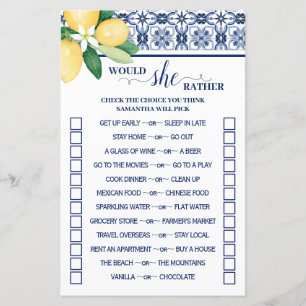 Mediterranean Would She Rather Shower Game Card