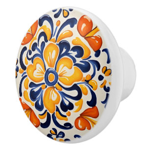 Mediterranean Yellow Blue Floral Sicilian Flower Ceramic Knob