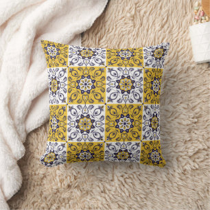 Mediterranean Yellow & Blue Floral Tile Cushion