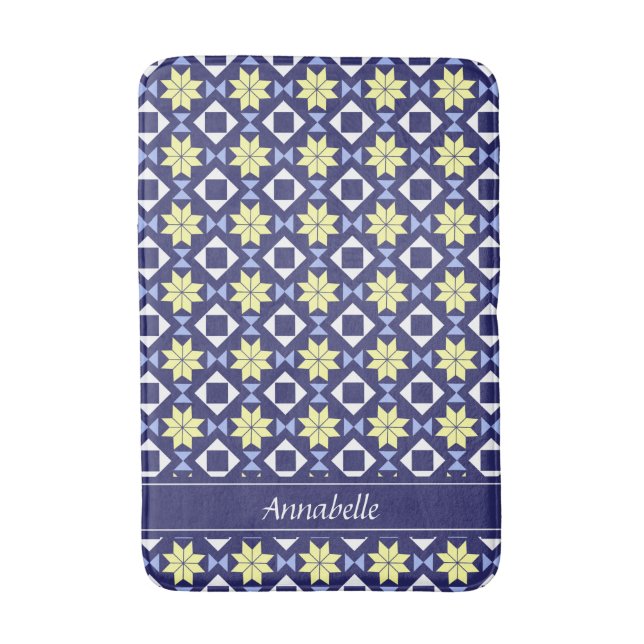 Mediterranean Yellow Blue Floral Tile Pattern Name Bath Mat (Front Vertical)