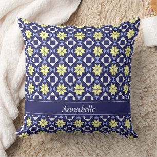 Mediterranean Yellow Blue Floral Tile Pattern Name Cushion
