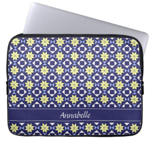 Mediterranean Yellow Blue Floral Tile Pattern Name Laptop Sleeve