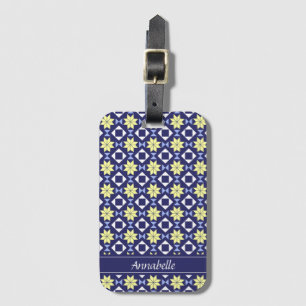 Mediterranean Yellow Blue Floral Tile Pattern Name Luggage Tag