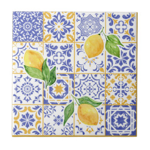 Mediterranean Yellow Blue Watercolor Lemon Pattern Tile