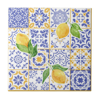 Mediterranean Yellow Blue Watercolor Lemon Pattern Tile