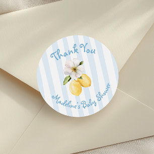 Mediterranean Yellow Lemon Blue stripes Thank You Classic Round Sticker