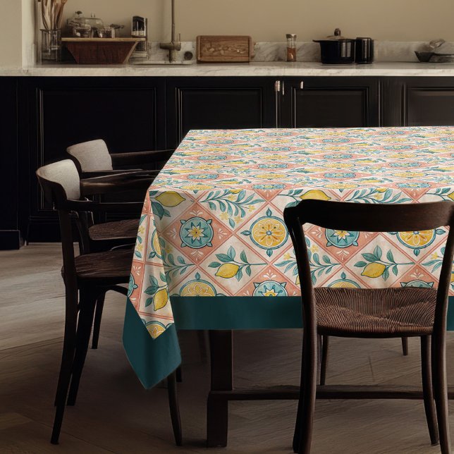 Mediterranean yellow lemons navy blue tiles tablecloth (Mediterranean yellow lemons navy blue tiles tablecloth)