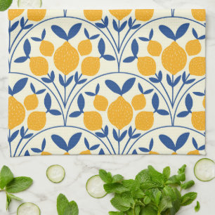 Mediterranean Yellow Lemons on Blue scallop shapes Tea Towel