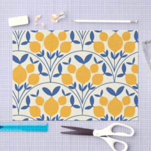Mediterranean Yellow Lemons on Blue scallop shapes Tissue Paper