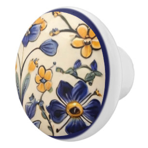 Mediterranean Yellow & Navy Blue Flower Floral Ceramic Knob
