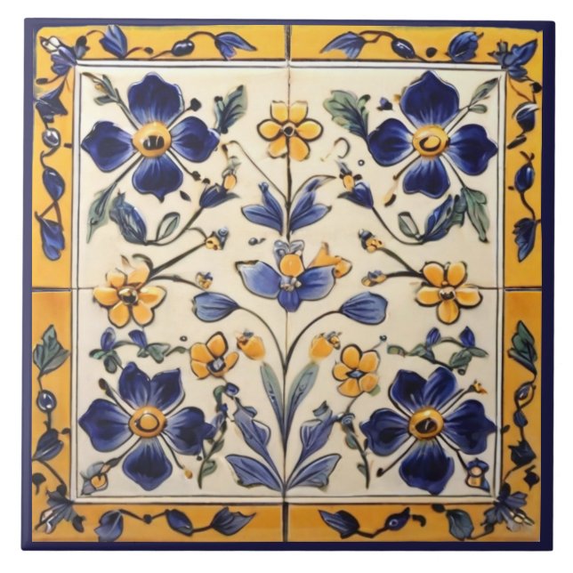 Mediterranean Yellow & Navy Blue Flower Floral Tile (Front)
