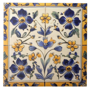 Mediterranean Yellow & Navy Blue Flower Floral Tile