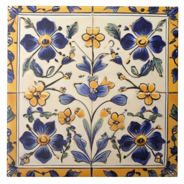 Mediterranean Yellow & Navy Blue Flower Floral Tile (Front)