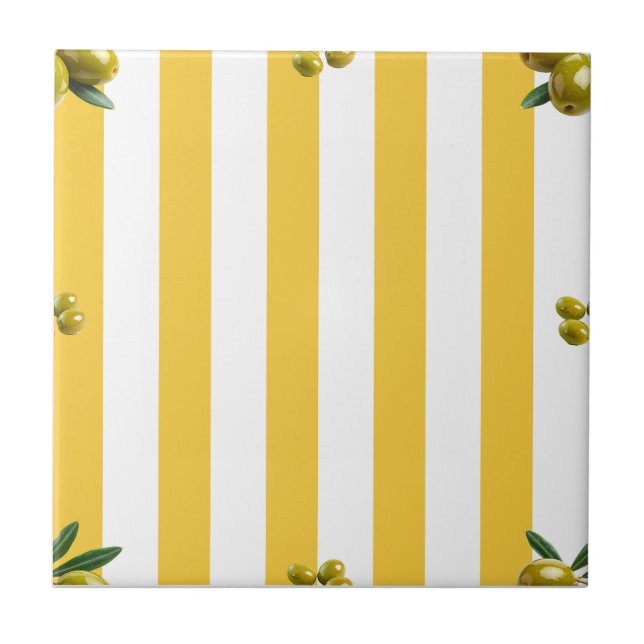 Mediterranean Yellow Stripe Pattern Olives Tile (Front)