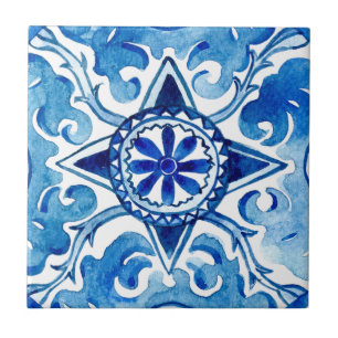 Mediterranian hand painted style blue ceramic tile
