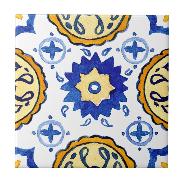 Mediterranian hand painted style blue ceramic tile (Front)