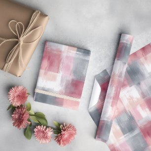 Medium Abstract Gingham Pink and Grey Wrapping Paper