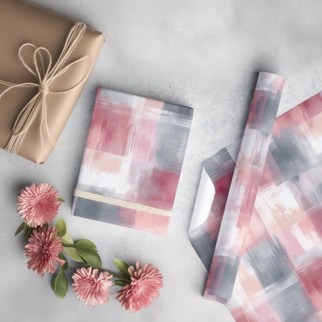 Medium Abstract Gingham Pink and Grey Wrapping Paper (Creator Uploaded)