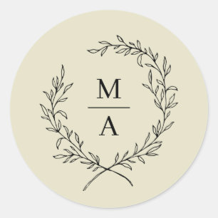 Medium Beige Simple Elegant Laurel Wreath Monogram Classic Round Sticker