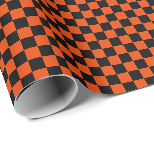 Medium Black and Bright Orange Checks Wrapping Paper (Roll Corner)
