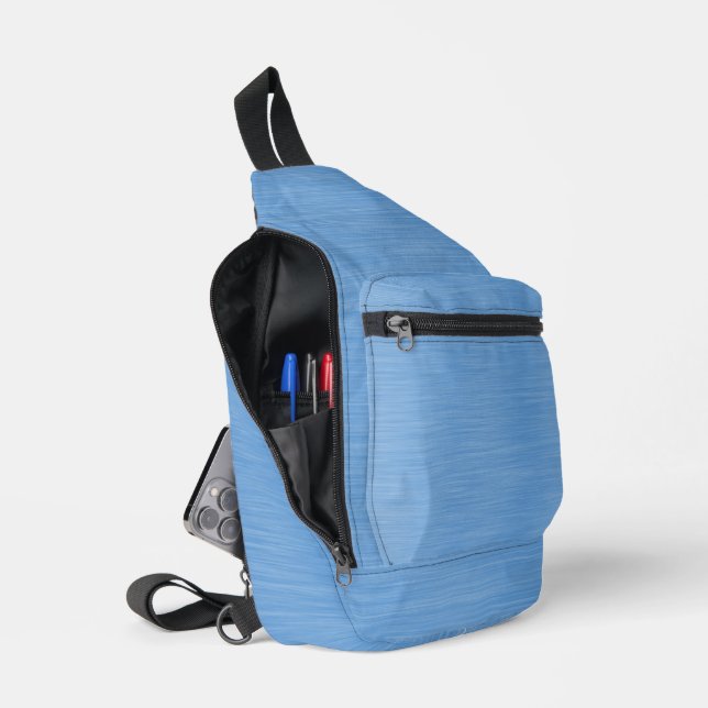 MEDIUM BLUE BRUSHED METAL LOOK TEXTURE SLING BAG (Open)