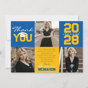 Medium Blue & Gold 3 Photo Graduation Thank You Invitation