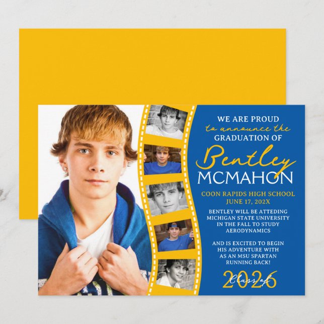 Medium Blue Gold Photo Filmstrip Grad Announcement (Front/Back)