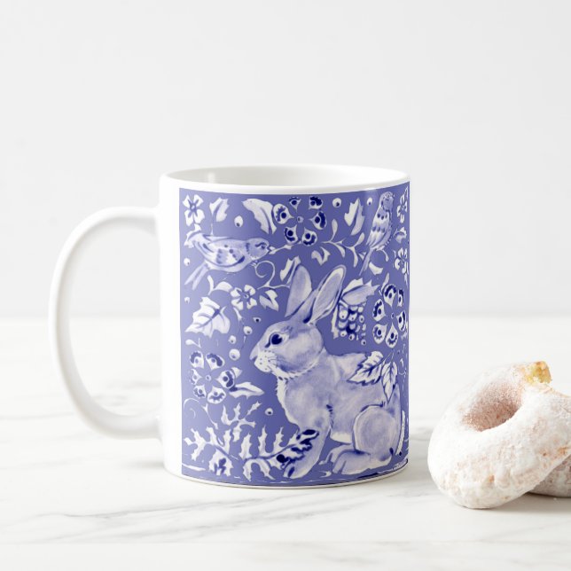 Medium Blue Rabbit Bird Floral Asian Art Deco Leaf Coffee Mug (With Donut)