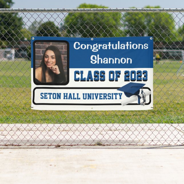 Medium Blue & White Vinyl Graduation Banner (Insitu)