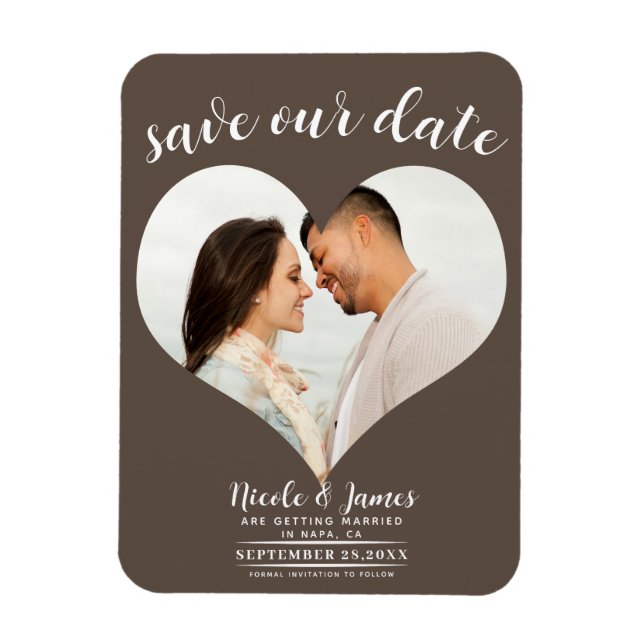 Medium Brown Heart Photo Wedding Save the Date Magnet (Vertical)