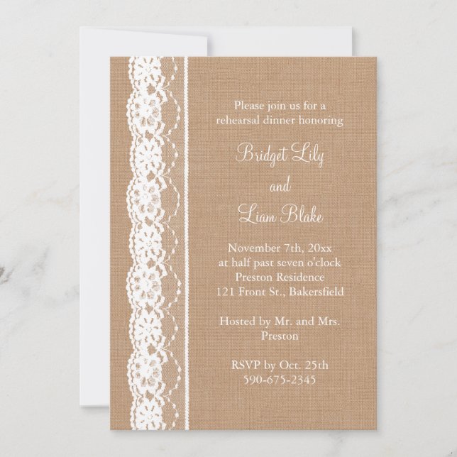 Medium Burlap & Vintage Lace Rehearsal Dinner Invitation (Front)