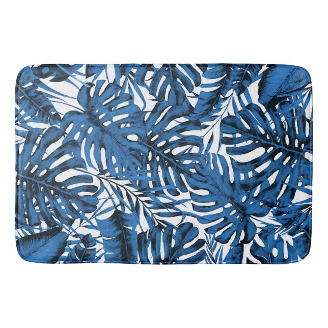 Medium Denim Blue Tropical Palm Leaves Island  Bath Mat (Front)