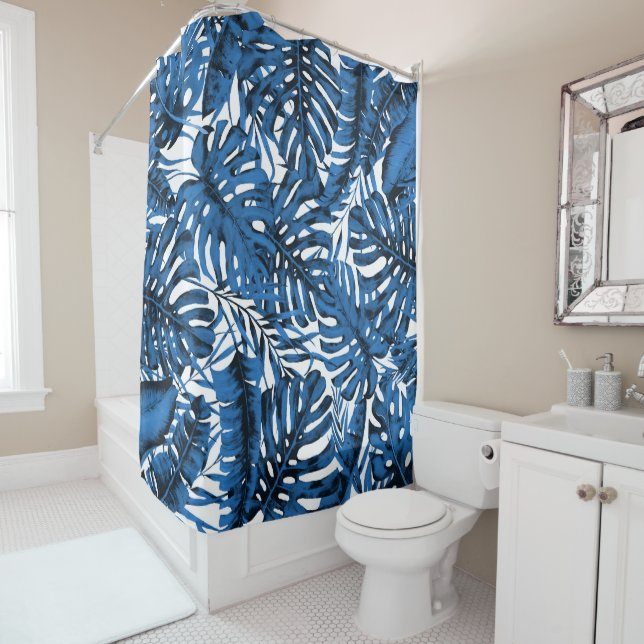 Medium Denim Blue Tropical Palm Leaves Island Chic Shower Curtain (In Situ)