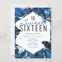 Medium Denim Blue Tropical Palm Leaves Sweet 16 