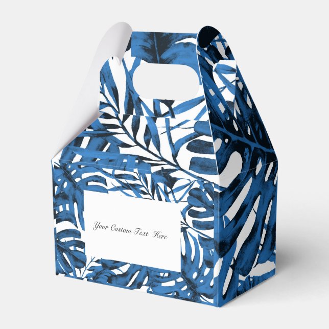 Medium Denim Blue Tropical Palm Leaves Wedding Favour Box (Front Side)