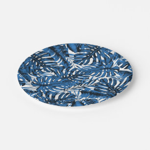 Medium Denim Blue Tropical Palm Leaves Wedding Paper Plate