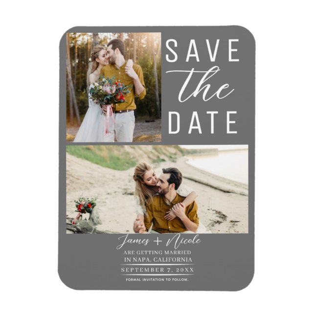 Medium Grey Modern 2 Photos Save the Date Wedding Magnet (Vertical)