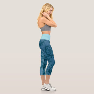 MEDIUM High Waisted Blue Paisley Capri Leggings