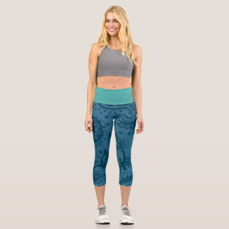 MEDIUM High Waisted Blue Paisley Capri Leggings