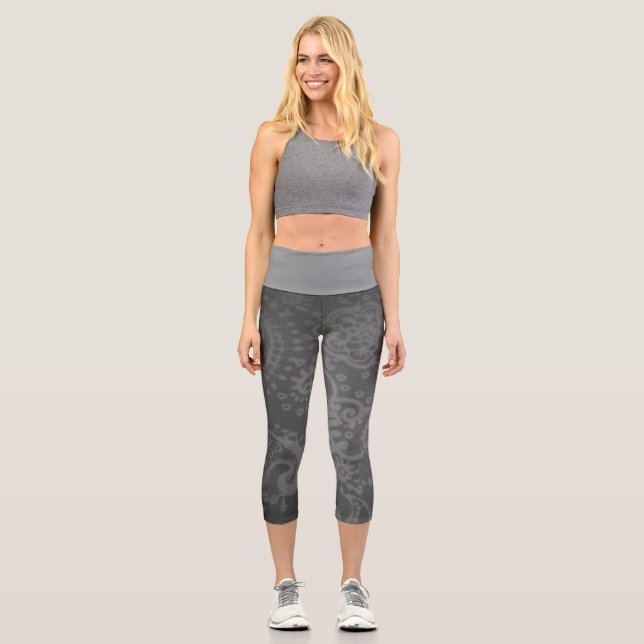 MEDIUM High Waisted Grey Paisley Capri Leggings  (Front)