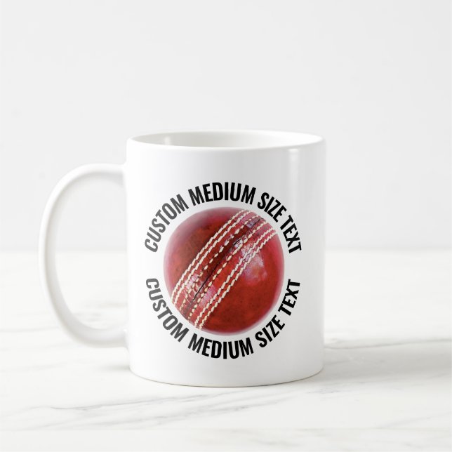 Medium Personalized Text Cricket Ball 11oz. Custom Coffee Mug (Left)
