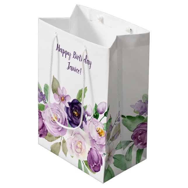 Medium Purple and Lavender Roses Monogram Medium Gift Bag (Front Angled)