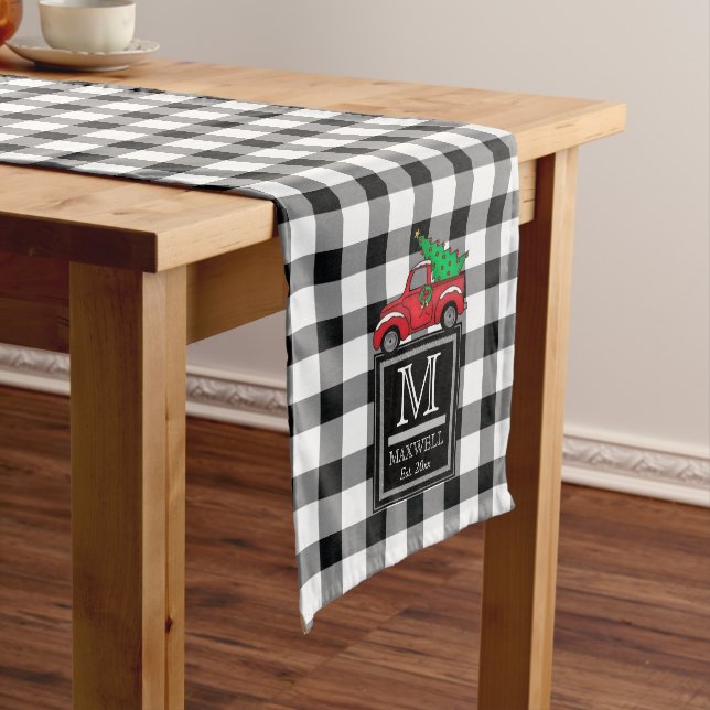 Medium Rustic Buffalo Checks |Red Truck Monogram M Medium Table Runner (In Situ)